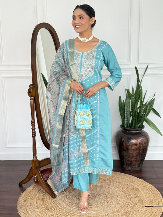 Elegant Embroidered PV Chanderi Kurti Set with Organza Dupatta for Women