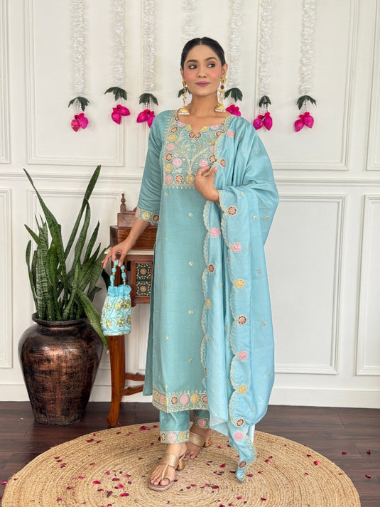 Elegant Embroidered PV Chanderi Kurti Set with Silk Dupatta for Women