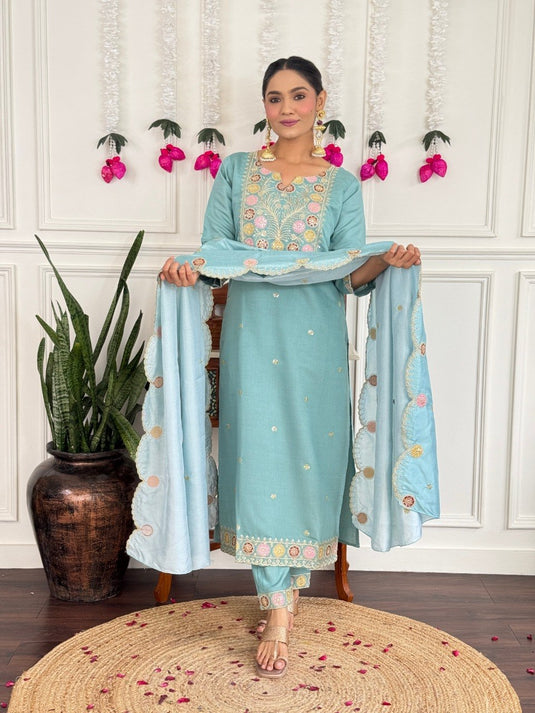 Elegant Embroidered PV Chanderi Kurti Set with Silk Dupatta for Women