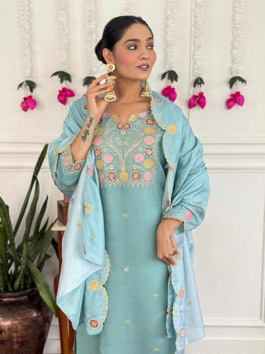 Elegant Embroidered PV Chanderi Kurti Set with Silk Dupatta for Women