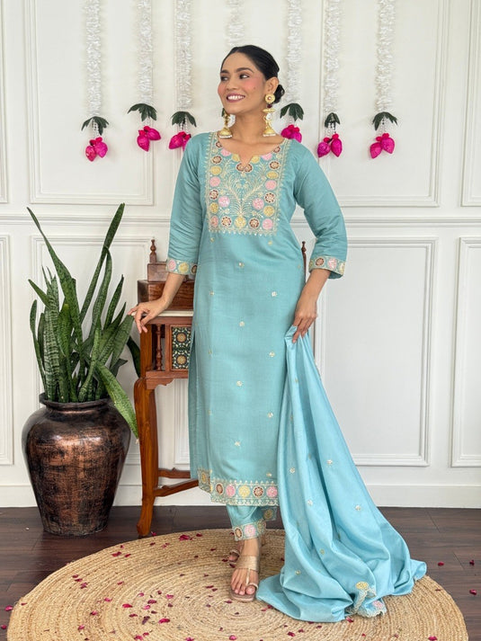 Elegant Embroidered PV Chanderi Kurti Set with Silk Dupatta for Women
