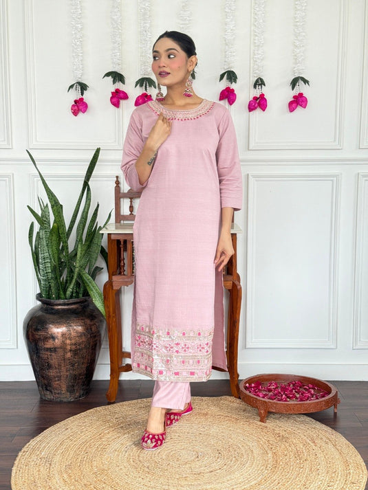 Women’s PV Chanderi Embroidered Kurta Set with Silk Dupatta