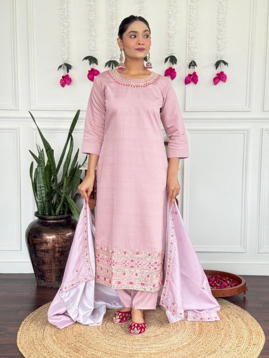 Women’s PV Chanderi Embroidered Kurta Set with Silk Dupatta