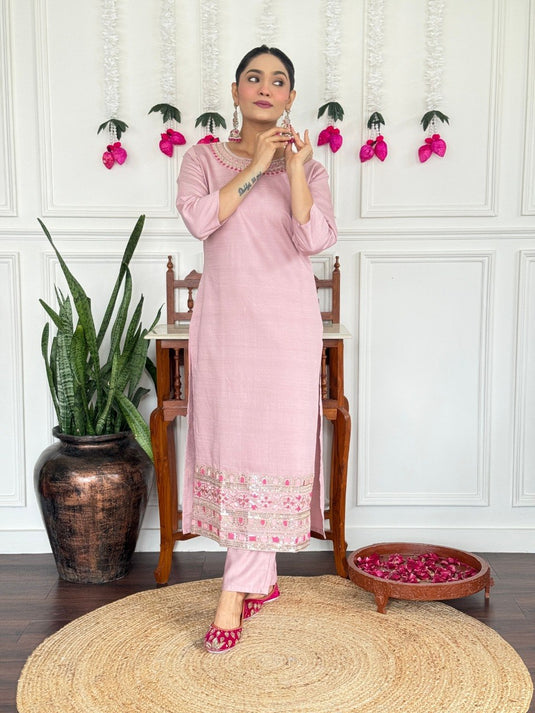 Women’s PV Chanderi Embroidered Kurta Set with Silk Dupatta
