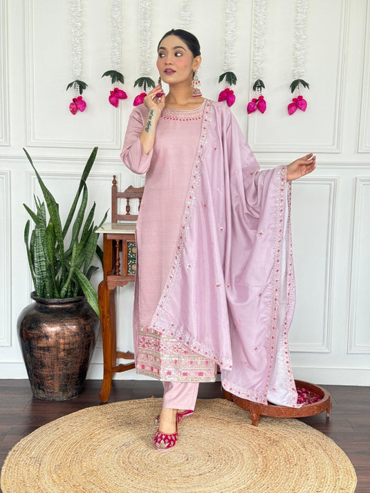 Women’s PV Chanderi Embroidered Kurta Set with Silk Dupatta