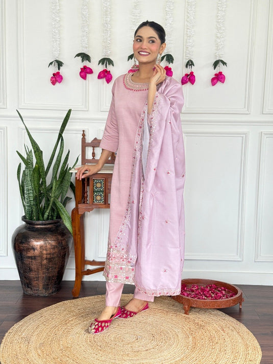 Women’s PV Chanderi Embroidered Kurta Set with Silk Dupatta