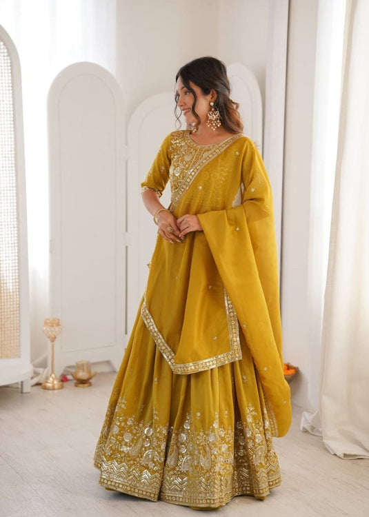 Women’s Art Silk Embroidered Sequence Work Lehenga Choli Set with Georgette Dupatta