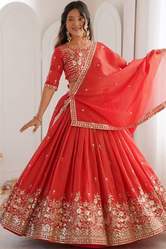 Women’s Art Silk Embroidered Sequence Work Lehenga Choli Set with Georgette Dupatta