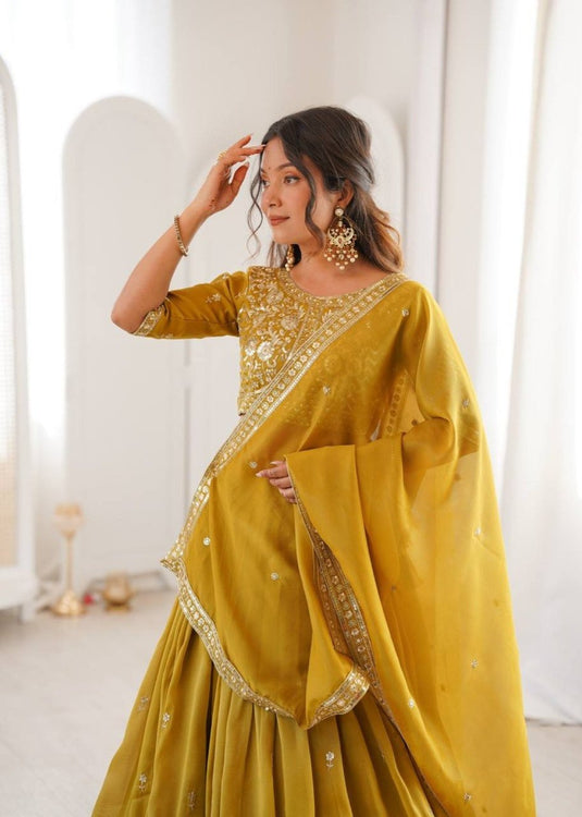 Women’s Art Silk Embroidered Sequence Work Lehenga Choli Set with Georgette Dupatta