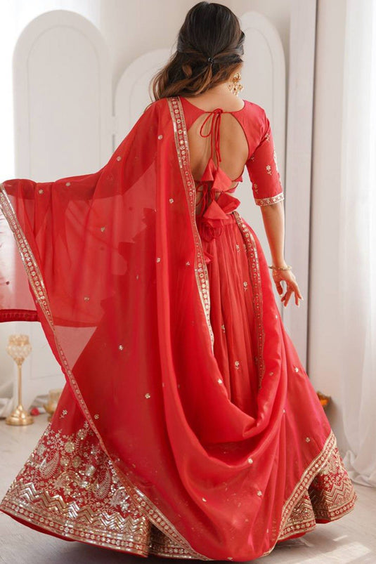 Women’s Art Silk Embroidered Sequence Work Lehenga Choli Set with Georgette Dupatta