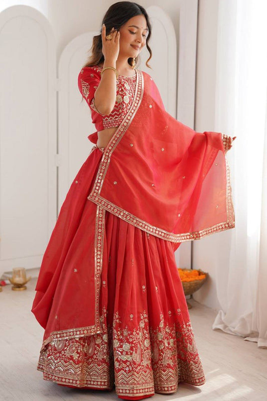 Women’s Art Silk Embroidered Sequence Work Lehenga Choli Set with Georgette Dupatta