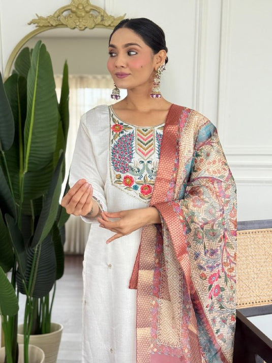Elegant Embroidered PV Chanderi Kurti Set with Organza Dupatta for Women