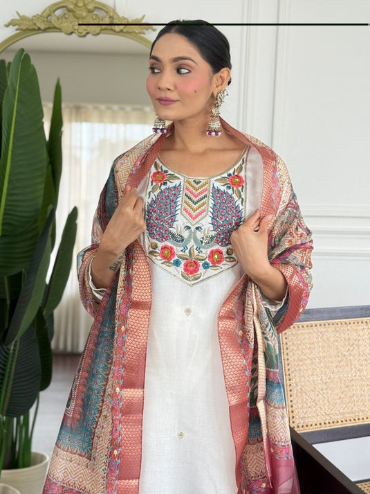 Elegant Embroidered PV Chanderi Kurti Set with Organza Dupatta for Women