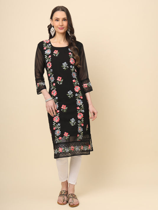 Women Georgette Lucknowi Chikankari Embroidered Straight Kurti