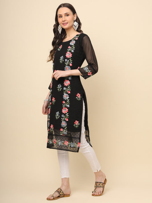 Women Georgette Lucknowi Chikankari Embroidered Straight Kurti