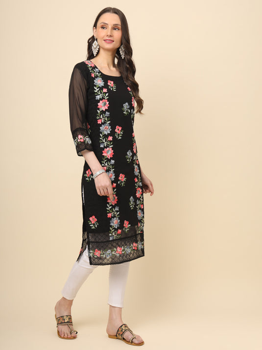 Women Georgette Lucknowi Chikankari Embroidered Straight Kurti