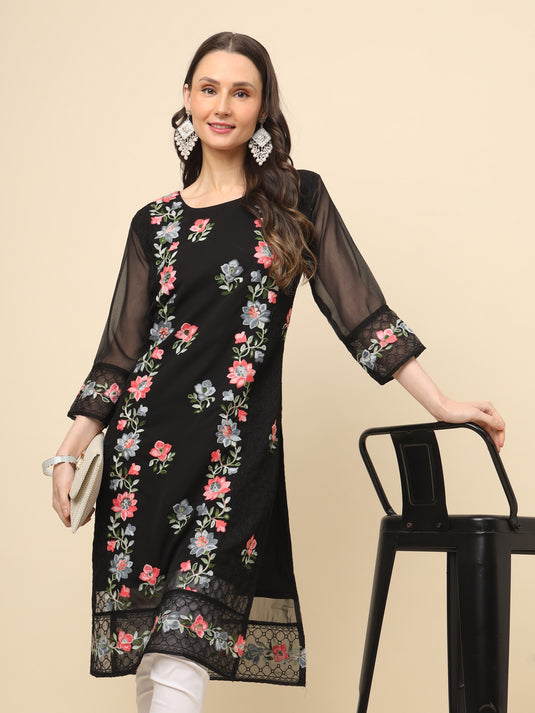 Women Georgette Lucknowi Chikankari Embroidered Straight Kurti