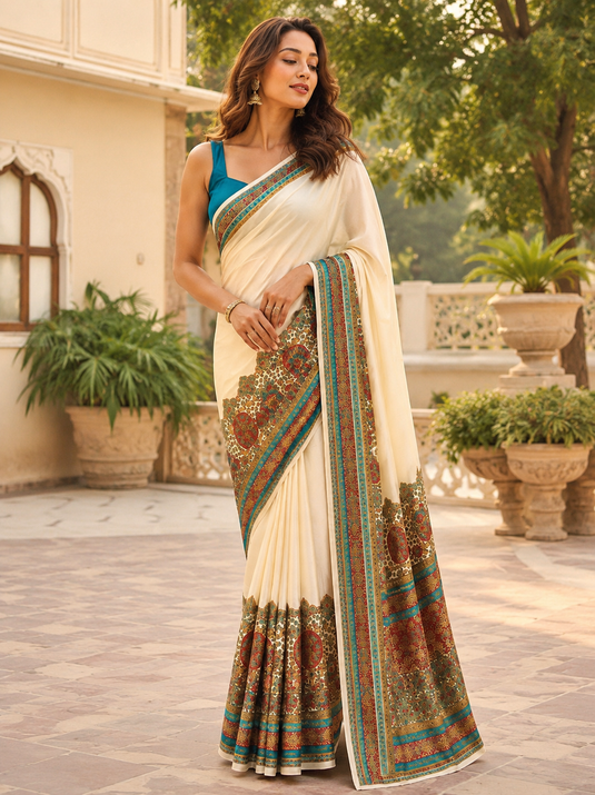 Premium Digital Print Satin Saree – Elegant Glossy Finish & Contemporary Design