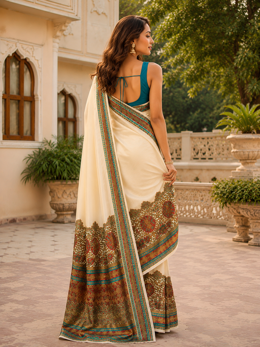 Premium Digital Print Satin Saree – Elegant Glossy Finish & Contemporary Design