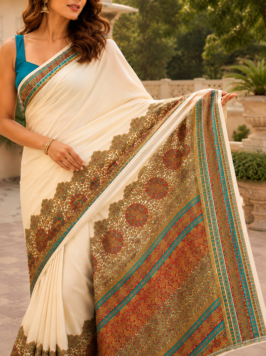 Premium Digital Print Satin Saree – Elegant Glossy Finish & Contemporary Design