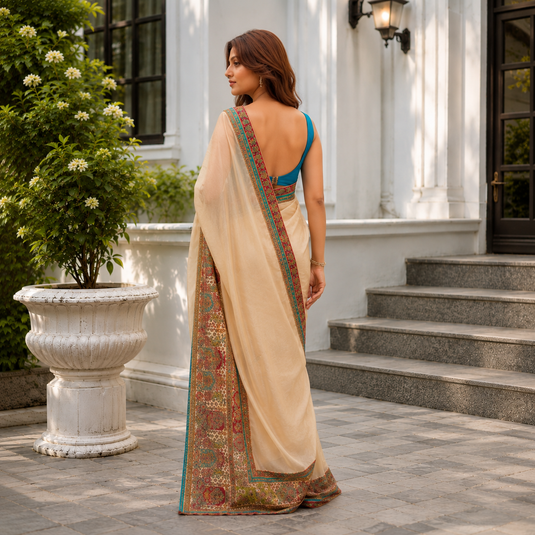Premium Digital Print Satin Saree – Elegant Glossy Finish & Contemporary Design