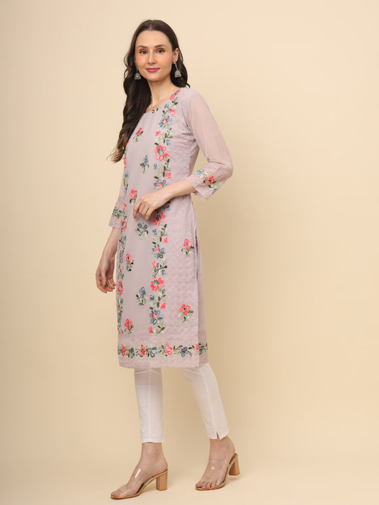 Women Georgette Lucknowi Chikankari Embroidered Straight Kurti