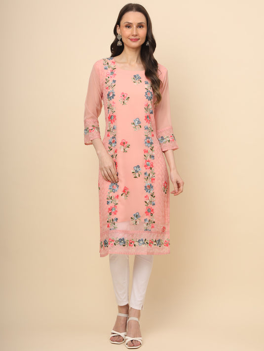 Women Georgette Lucknowi Chikankari Embroidered Straight Kurti