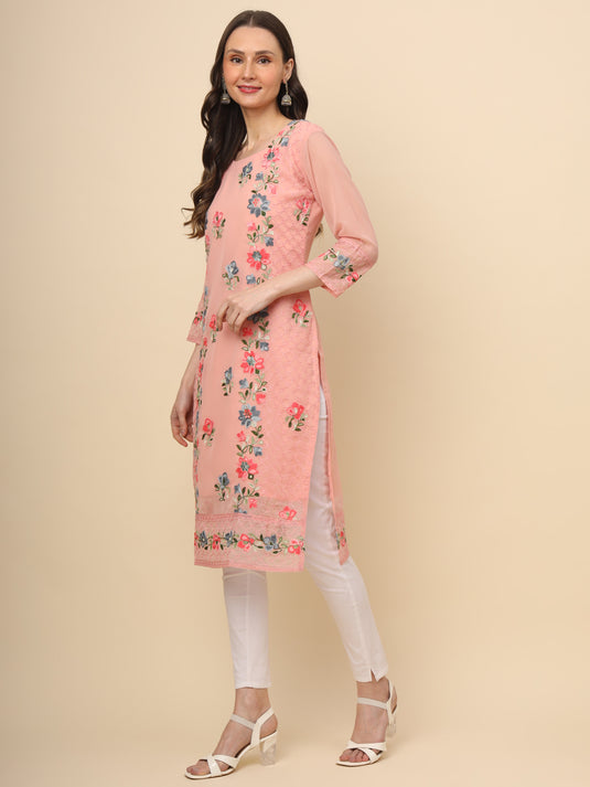 Women Georgette Lucknowi Chikankari Embroidered Straight Kurti