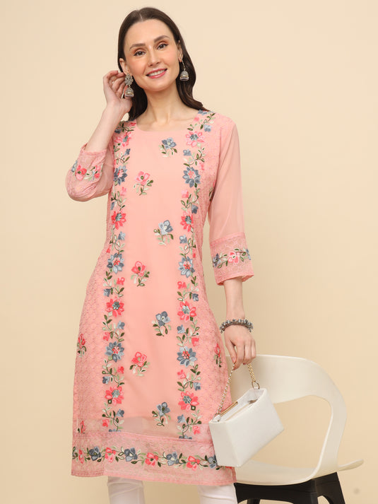 Women Georgette Lucknowi Chikankari Embroidered Straight Kurti
