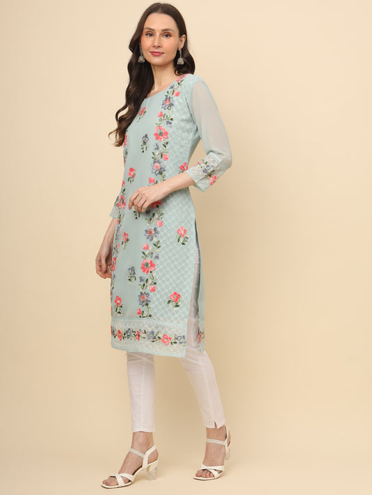 Women Georgette Lucknowi Chikankari Embroidered Straight Kurti