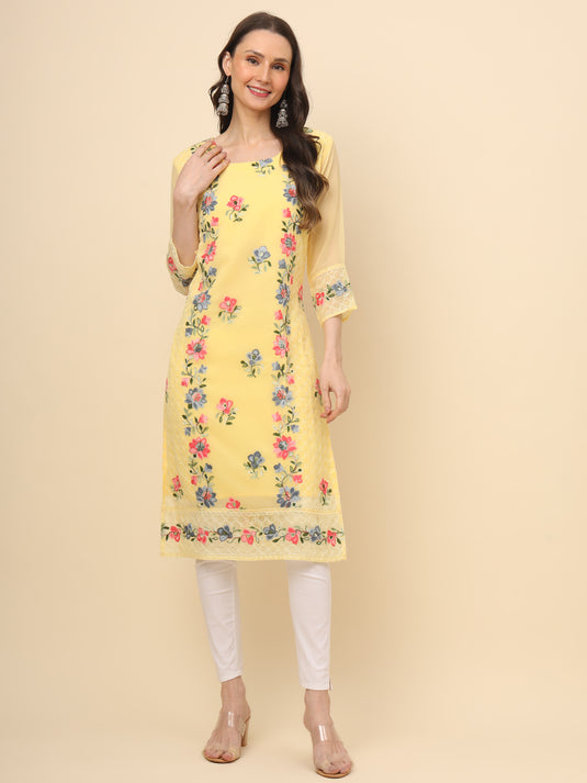 Women Georgette Lucknowi Chikankari Embroidered Straight Kurti