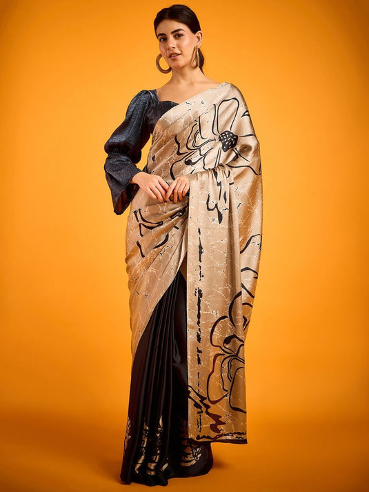 Premium Digital Print Satin Saree – Elegant Glossy Finish & Contemporary Design